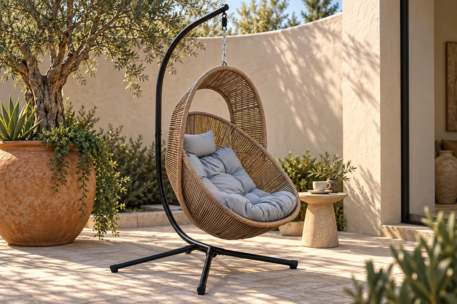 Sillón colgante Jardimex en una terraza rodeada de plantas