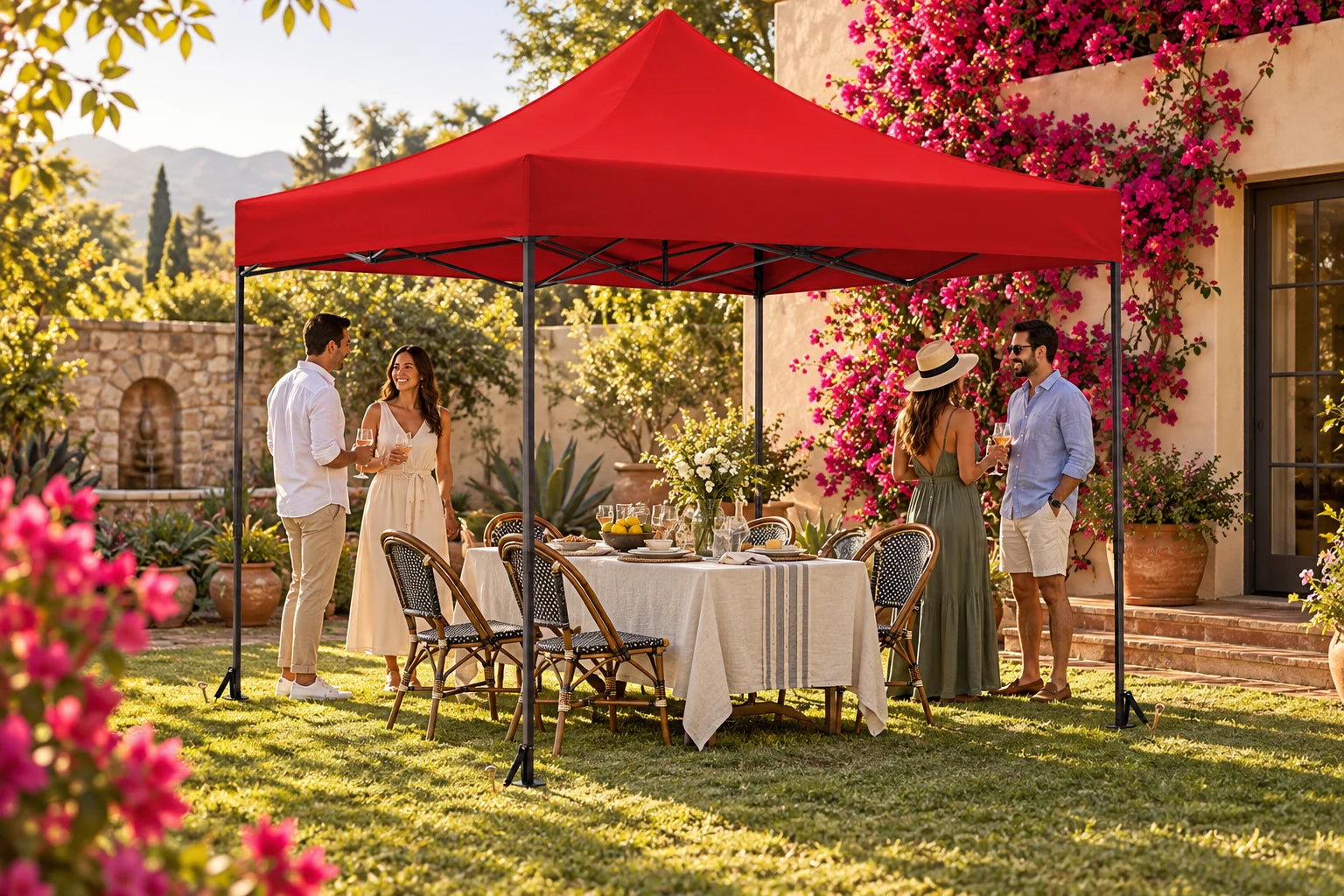 Amigos preparando una reunión en el jardín bajo una carpa roja Jardimex