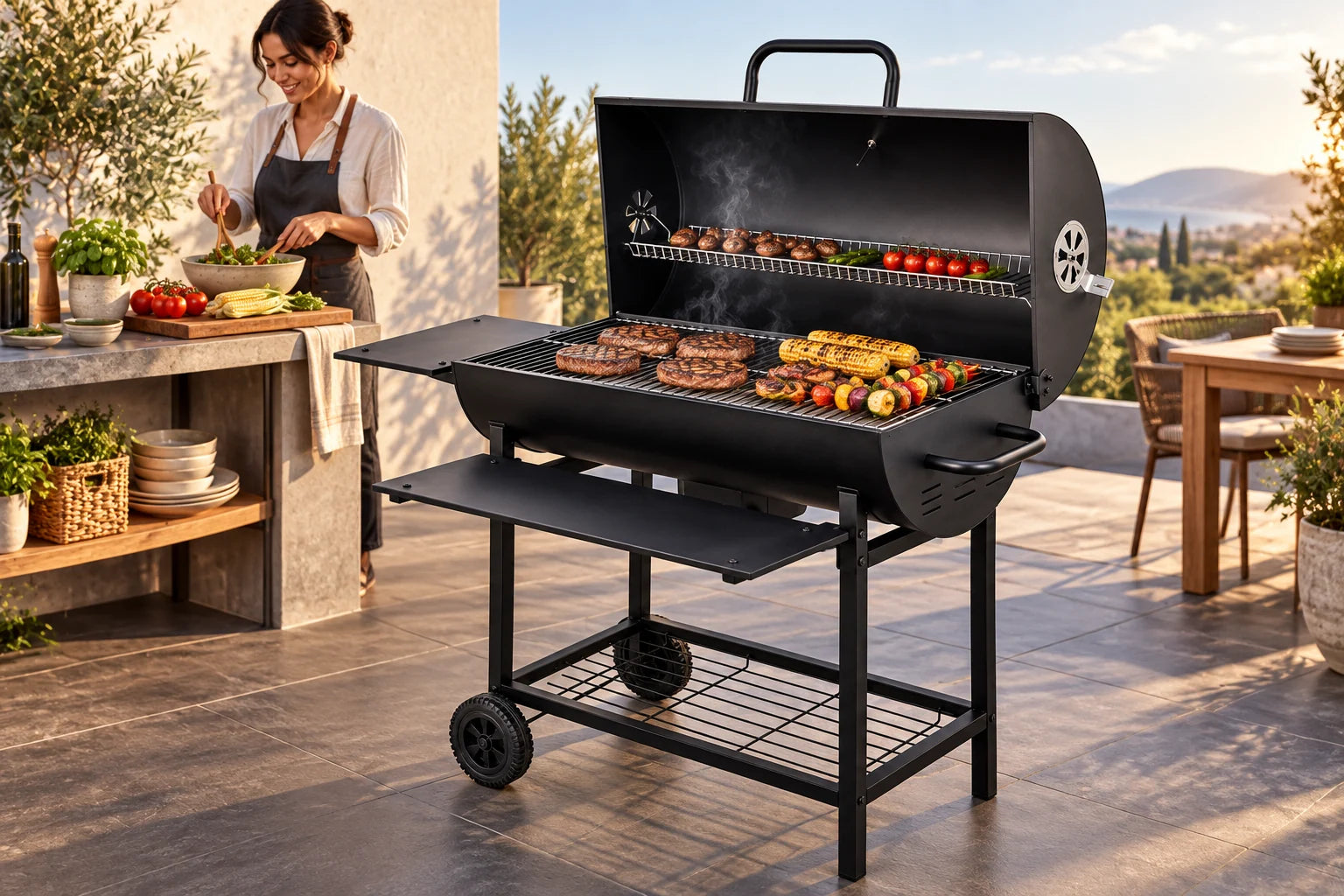 Preparación de una comida al aire libre con un asador Jardimex