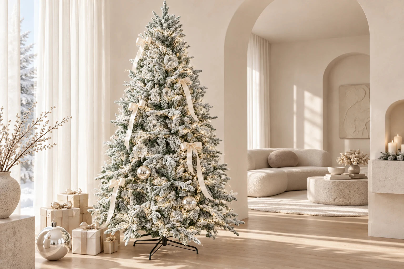 Árbol navideño nevado en una sala luminosa de tonos naturales