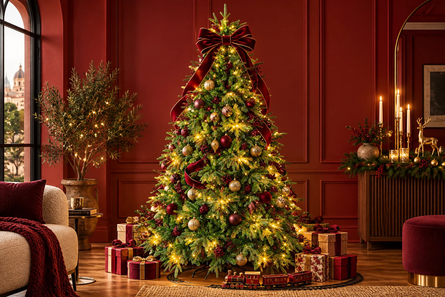 Árbol verde con decoración roja, luces cálidas y regalos