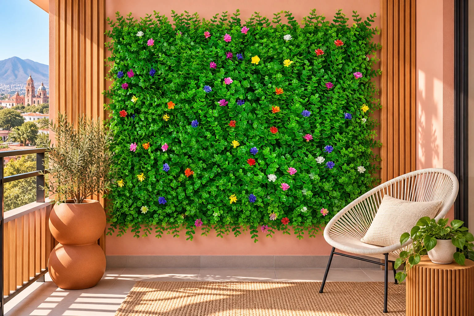 Muro de follaje verde con flores junto a una silla de terraza